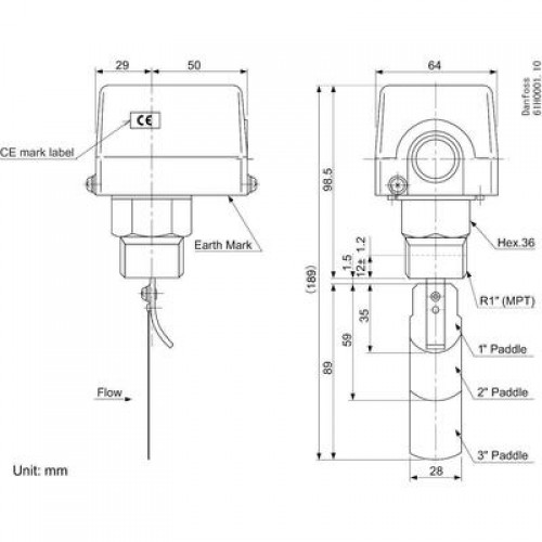 DANFOSS 061H4000 — Реле протока FQS U30G, максимальное рабочее давление 10 бар, IP 20 